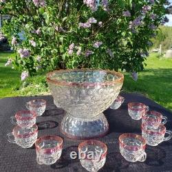 Rare Federal Glass Yorktown Colonial Flashed Pink Punch Bowl 12 Cups Pedestal