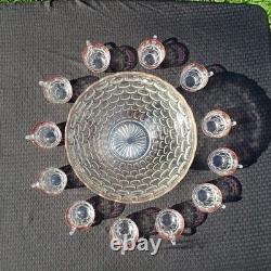 Rare Federal Glass Yorktown Colonial Flashed Pink Punch Bowl 12 Cups Pedestal