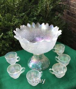 Rare Fenton Orange Tree Antique Carnival Glass Punch Set White, Bowl Base & Cups