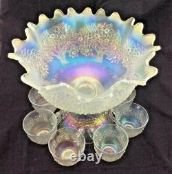 Rare Fenton Orange Tree Antique Carnival Glass Punch Set White, Bowl Base & Cups