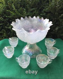 Rare Fenton Orange Tree Antique Carnival Glass Punch Set White, Bowl Base & Cups