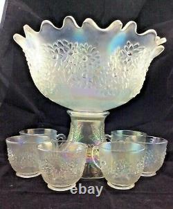 Rare Fenton Orange Tree Antique Carnival Glass Punch Set White, Bowl Base & Cups