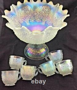 Rare Fenton Orange Tree Antique Carnival Glass Punch Set White, Bowl Base & Cups