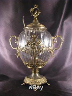 Rare German Art Nouveau Covered Punch Bowl Iris Etch Glass Brass Stand ca 1905