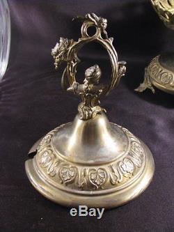 Rare German Art Nouveau Covered Punch Bowl Iris Etch Glass Brass Stand ca 1905