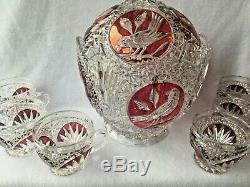 Rare Hofbauer Punch Set Red Bird Crystal Punch Bowl with lid and 6 cups