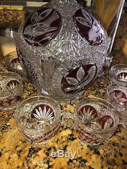 Rare Hofbauer Punch Set Red Bird Crystal Punch Bowl with lid and 7 cups