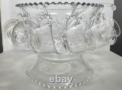 Rare Imperial Candlewick Punch Bowl Set With Etched & Cut Glass Ducks & Cattails