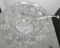 Rare Imperial Candlewick Punch Bowl Set With Etched & Cut Glass Ducks & Cattails