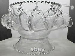 Rare Imperial Candlewick Punch Bowl Set With Etched & Cut Glass Ducks & Cattails