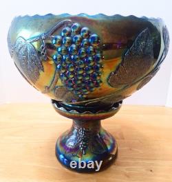 Rare Imperial Purple Grape & Leaf Amethyst Carnival Glass Punch Bowl AS IS