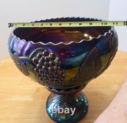 Rare Imperial Purple Grape & Leaf Amethyst Carnival Glass Punch Bowl AS IS