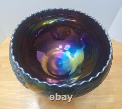 Rare Imperial Purple Grape & Leaf Amethyst Carnival Glass Punch Bowl AS IS