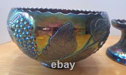 Rare Imperial Purple Grape & Leaf Amethyst Carnival Glass Punch Bowl AS IS