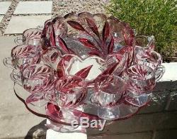 Rare Indiana Glass Ruby Flash red Leaf Oleander Willow Punch Bowl Underplate cup