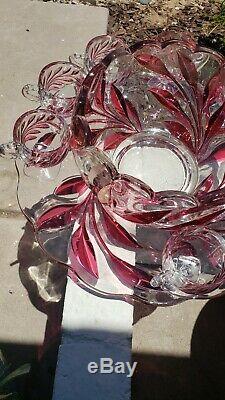 Rare Indiana Glass Ruby Flash red Leaf Oleander Willow Punch Bowl Underplate cup