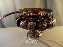 Rare Indiana Heirloom Purple Carnival Glass Punch Set Bowl Base 8 Cups Ladle