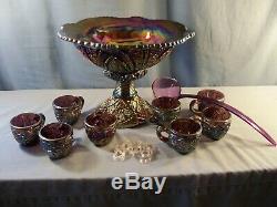 Rare Indiana Heirloom Purple Carnival Glass Punch Set Bowl Base 8 Cups Ladle