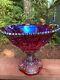 Rare Iridescent Red Carnival Glass Punch Bowl Set