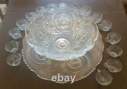 Rare L. E. Smith Slewed Horseshoe Glass Punch Bowl, 22 Underplate, 16 glasses