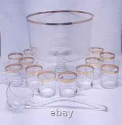 Rare MCM West Virginia Glass Punch Bowl Set Gold Bands 12 Glasses & Ladle