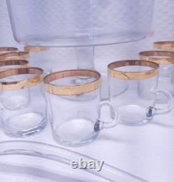 Rare MCM West Virginia Glass Punch Bowl Set Gold Bands 12 Glasses & Ladle