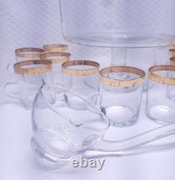 Rare MCM West Virginia Glass Punch Bowl Set Gold Bands 12 Glasses & Ladle