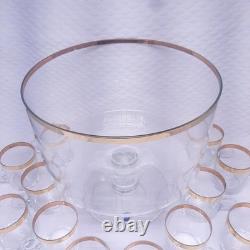Rare MCM West Virginia Glass Punch Bowl Set Gold Bands 12 Glasses & Ladle