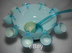 Rare Murano Carlo Moretti Cased Glass Punch Bowl Set 9 Cups withLadle Aqua Blue