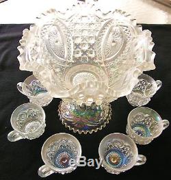 Rare. Northwood Carnival Glass Memphis White 8 Piece Punch Bowl Set