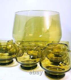 Rare Vintage 1954 Blenko Olive Green Glass Punch Bowl 377 L 11 Cups 925 C