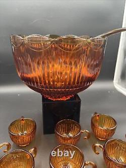 Rare Vintage Amber Indiana Glass Punch Bowl Set Royal Drape Pattern 10 Cups