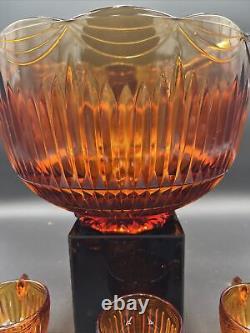 Rare Vintage Amber Indiana Glass Punch Bowl Set Royal Drape Pattern 10 Cups
