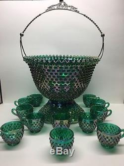 Rare Vintage Fenton Green Carnival Hobnail Punch Bowl Stunning