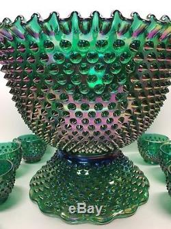 Rare Vintage Fenton Green Carnival Hobnail Punch Bowl Stunning