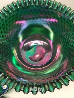 Rare Vintage Fenton Green Carnival Hobnail Punch Bowl Stunning