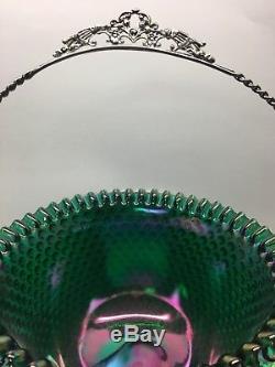 Rare Vintage Fenton Green Carnival Hobnail Punch Bowl Stunning