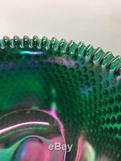 Rare Vintage Fenton Green Carnival Hobnail Punch Bowl Stunning