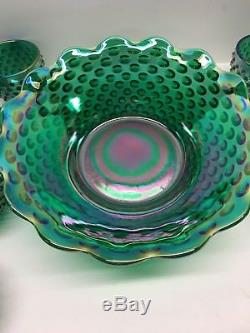 Rare Vintage Fenton Green Carnival Hobnail Punch Bowl Stunning