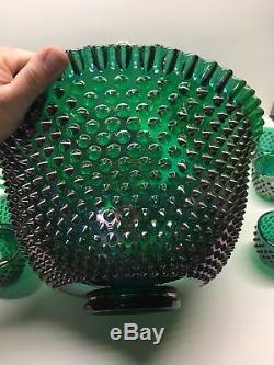 Rare Vintage Fenton Green Carnival Hobnail Punch Bowl Stunning