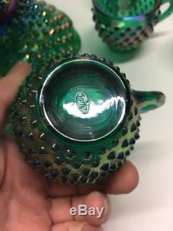 Rare Vintage Fenton Green Carnival Hobnail Punch Bowl Stunning