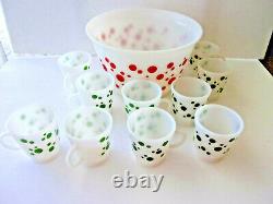 Rare Vintage Hazel Atlas Polka Dot Tom & Jerry Punch Bowl Set With 10 Cups Mint