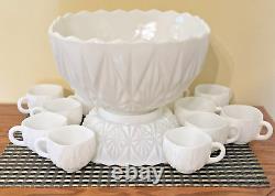 Rare Vintage Hazel Atlas Punch Bowl Set Milk Glass Williamsport 13 PCS USA 1950s