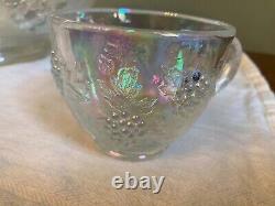 Rare, Vintage LE Smith Carnival glass Grape and Vine Punch bowl set