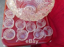 Rare Vintage LE Smith Pressed Glass Daisy Button PUNCH BOWL and 20 Beverage Cups
