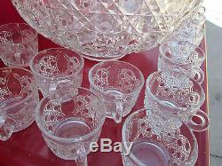 Rare Vintage LE Smith Pressed Glass Daisy Button PUNCH BOWL and 20 Beverage Cups