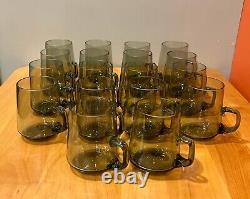 Rare Vintage Modernist Smoked Green Glass Punch Bowl with a Set of 18 Glasses