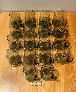 Rare Vintage Modernist Smoked Green Glass Punch Bowl with a Set of 18 Glasses