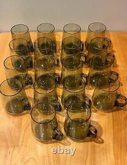 Rare Vintage Modernist Smoked Green Glass Punch Bowl with a Set of 18 Glasses