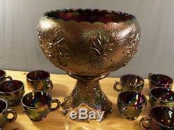 Rare Westmoreland Amethyst Carnival 3 Three Fruits Punch Bowl Set with 12 Cups